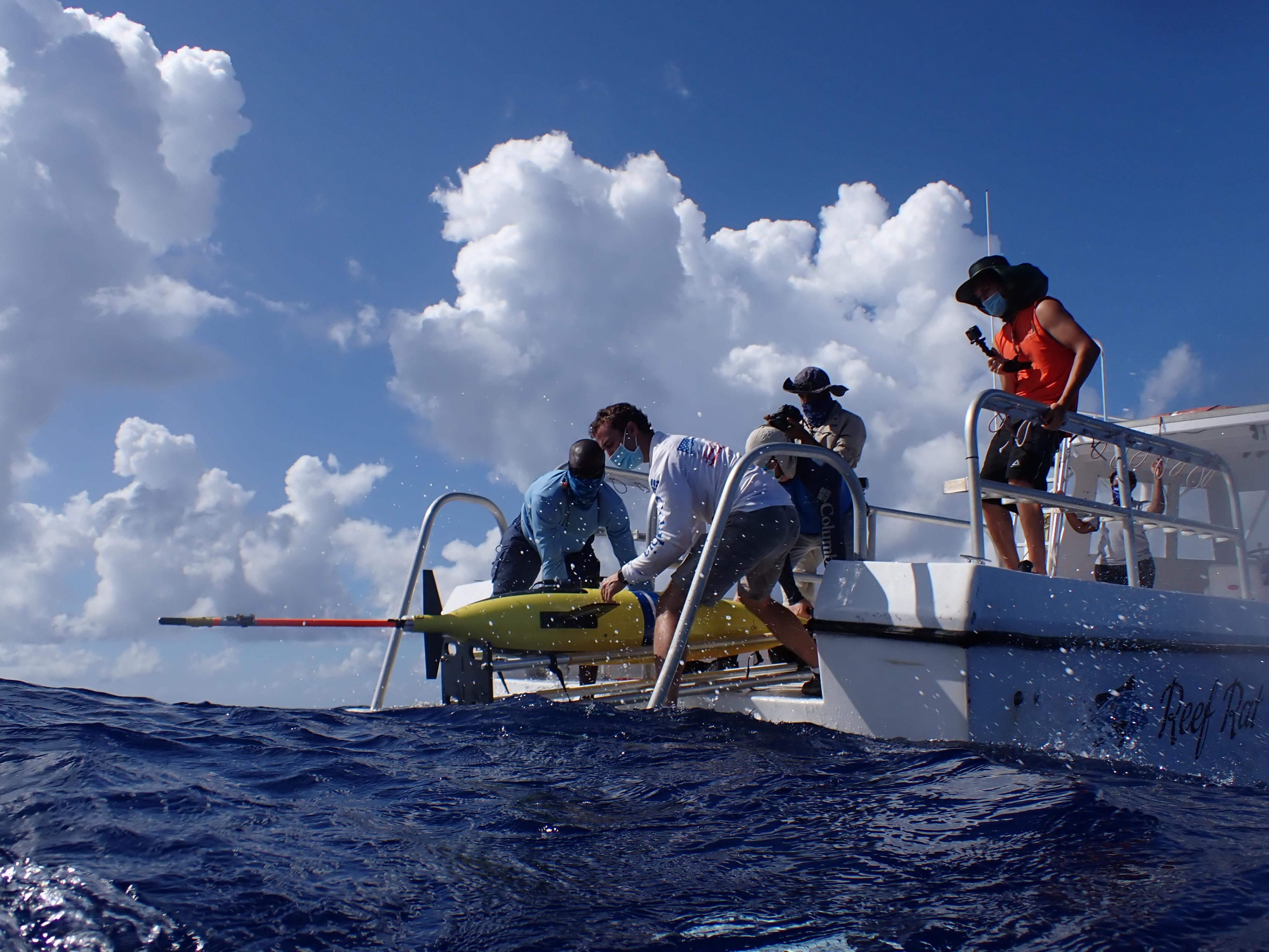 Cape Eleuthera Institute scientists launch the sea glider off the coast of Eleuthera.