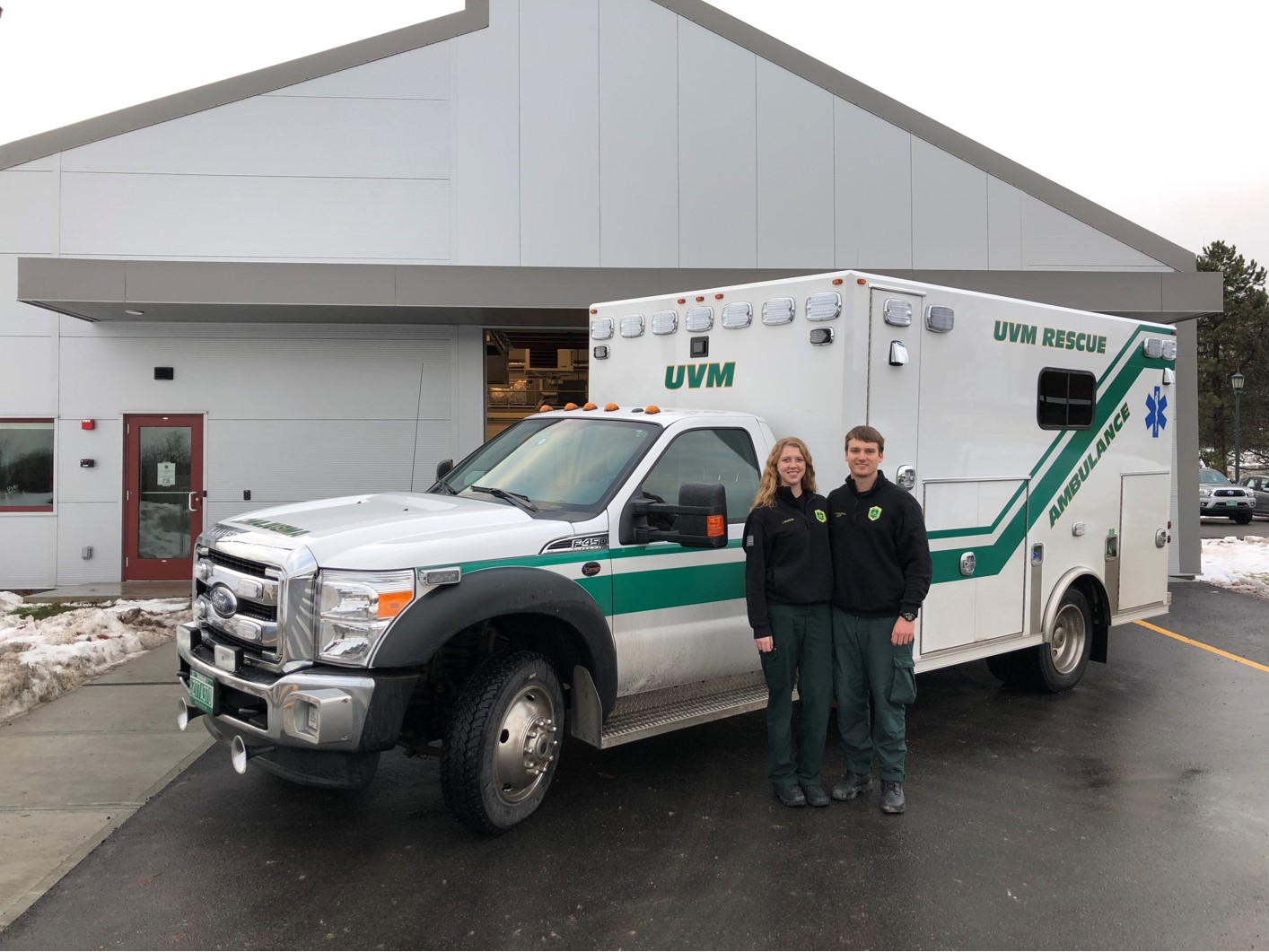 Libby Schwab, F'14, and Kyle Titsworth, S'12, on duty together for UVM Rescue.&nbsp;